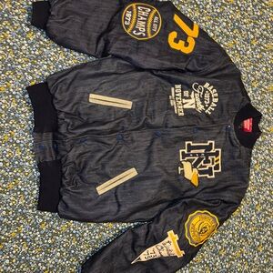 Stylish Denim Varsity Jacket with Yellow Accents